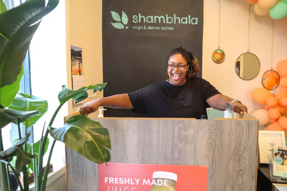 The welcoming front desk and reception area at Shambhala